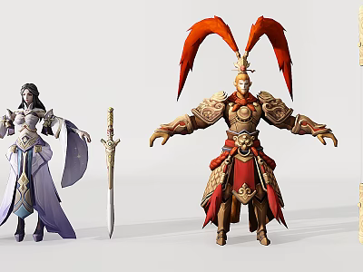 Warrior And Mage Characters With Red Winged Mythical Creature In Fantasy Design 3d model