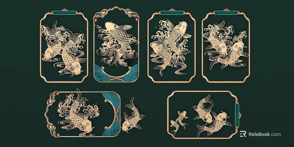 Traditional Koi Fish Decorative Patterns With Gold Green Elements And Various Ornate Frames 3d model 