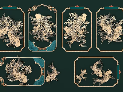 Traditional Koi Fish Decorative Patterns With Gold Green Elements And Various Ornate Frames 3d model