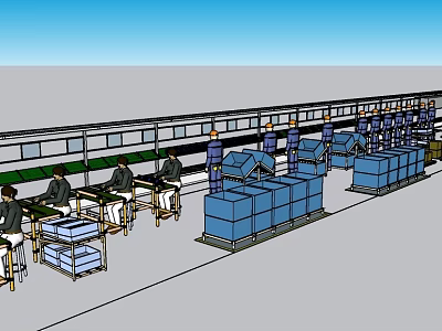 Industrial Equipment Production Line With Workers Operating Machinery And Blue Containers 3d model