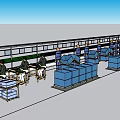 Industrial Equipment Production Line With Workers Operating Machinery And Blue Containers