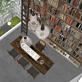 Spacious Modern Study Room Interior With Wall To Wall Bookshelves Wooden Table And Pendant Lights