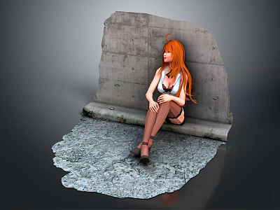 Red Haired Woman In White Top Sitting On Stone Bench With Textured Ground And Wall 3d model