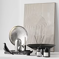 Modern Metallic Decorative Ornament Set With Black Bowl Incense Sticks And Geometric Artwork
