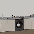 Modern Laundry Area With Double Sinks Gray Countertop Washing Machine Beige Cabinets And Toiletries