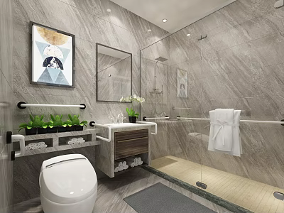 Elegant Modern Bathroom With Marble Tiled Walls Smart Toilet Wood Vanity And Glass Shower Area 3d model