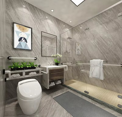Elegant Modern Bathroom With Marble Tiled Walls Smart Toilet Wood Vanity And Glass Shower Area 3d model