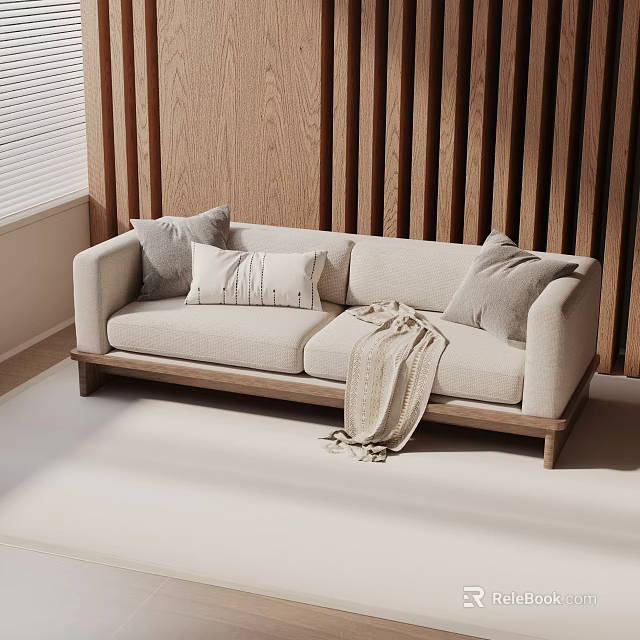 Modern Casual Sofa with Beige Upholstery Wooden Slat Wall Gray Beige Pillows Knitted Throw Blanket 3d model 