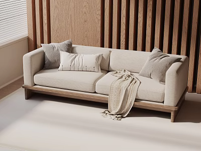 Modern Casual Sofa with Beige Upholstery Wooden Slat Wall Gray Beige Pillows Knitted Throw Blanket 3d model