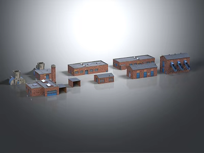 Detailed Red Brick Industrial Building Models With Factory Warehouse And Chimney 3d model