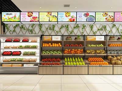 Fruit Store Interior Display With Fresh Apples Oranges Bananas And Colorful Signs 3d model