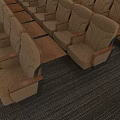 Neatly Arranged Beige Public Chairs With Wooden Armrests And Small Tables On Striped Carpet