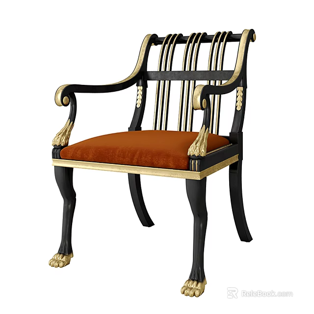 Classic Lounge Chair With Black Frame Gold Accents And Orange Cushioned Seat 3d model 