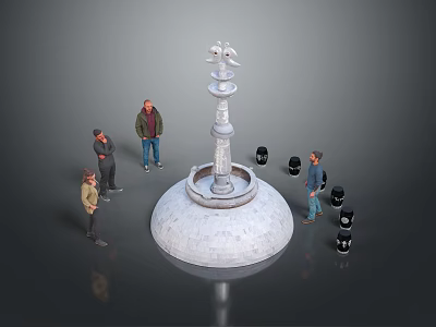 Men Standing Around A White Fountain With Black Dumbbells Nearby 3d model