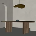 Minimalist Walnut Wooden Dining Table With Gold Hanging Lamp And Black Decor Items On Top