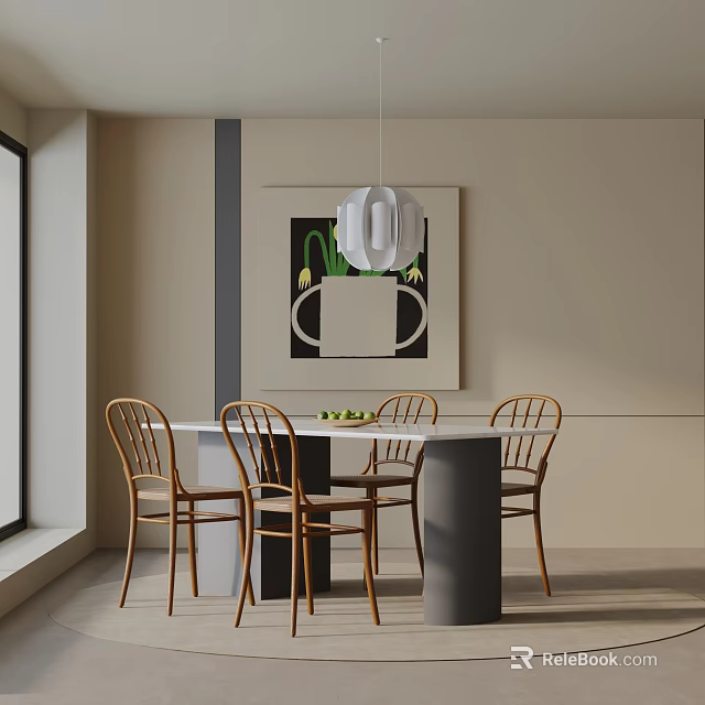 Dining Table Set with Bentwood Chairs Pendant Light Wall Art and Window 3d model 