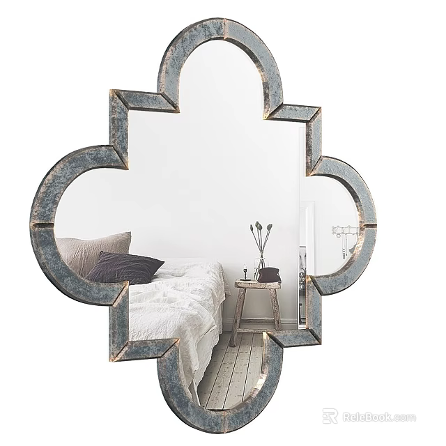 Decorative Mirror With Ornate Scalloped Frame Reflecting Bedroom Bed Pillows And Nightstand Vase 3d model 