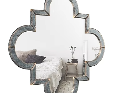 Decorative Mirror With Ornate Scalloped Frame Reflecting Bedroom Bed Pillows And Nightstand Vase 3d model