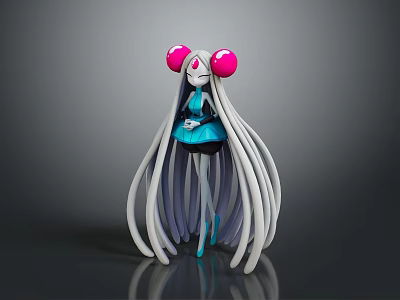 Game and Movie Character With Pink Large Eyes Long White Hair and Blue Dress 3d model