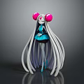 Game and Movie Character With Pink Large Eyes Long White Hair and Blue Dress