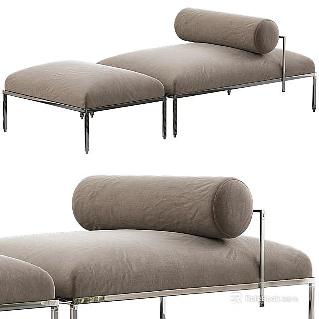 Modern Minimalist Chaise Lounge With Linen Fabric Roll Pillow Metal Frame And Ottoman 3d model 