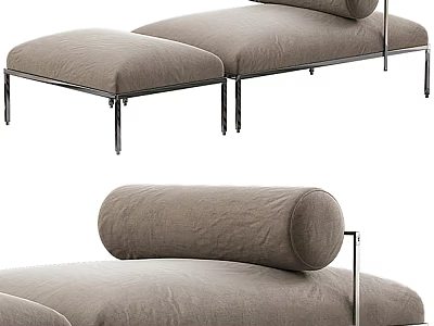 Modern Minimalist Chaise Lounge With Linen Fabric Roll Pillow Metal Frame And Ottoman 3d model