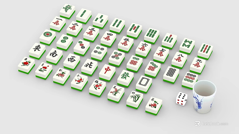 White Mahjong Tiles With Green Borders Chinese Characters And Symbols Near Dice And Tea Cup 3d model 
