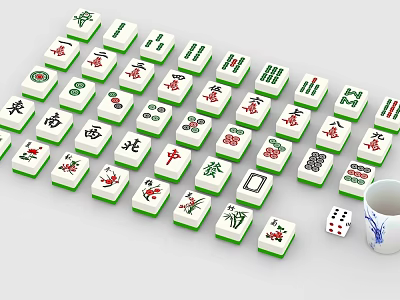 White Mahjong Tiles With Green Borders Chinese Characters And Symbols Near Dice And Tea Cup 3d model