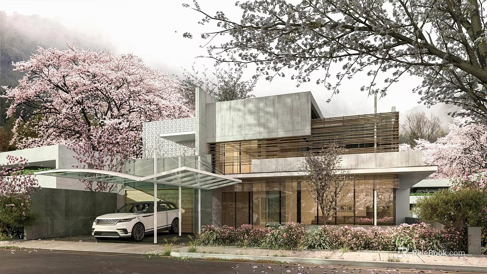 Modern Detached Villa Exterior With Cherry Blossom Trees And White Car 3d model 