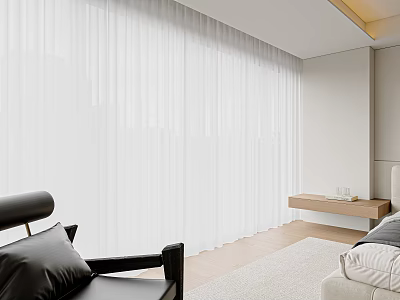 White Sheer Curtain in Modern Living Room with Light Sofa Black Chair and Wooden Bench 3d model