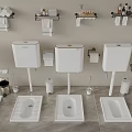 White Bathroom Fixtures Featuring Toilets Sinks And Wall Mounted Shelves With Towels
