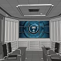 Conference Room With Tables Chairs Large Screen Blue Circular Design Blinds And Ceiling Lights