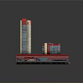Modern High Rise And Low Rise Building Complex With Red Gray Exterior And Glass Curtain Walls