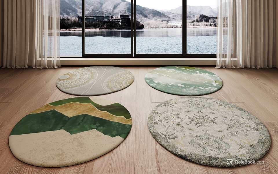 Round Rugs With Various Natural Patterns On Wooden Floor For Living Room Interior Design 3d model 