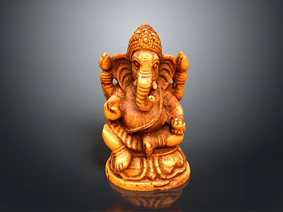 Wooden Elephant Statue Sitting With Decorative Headpiece And Detailed Carvings Against Dark Background 3d model