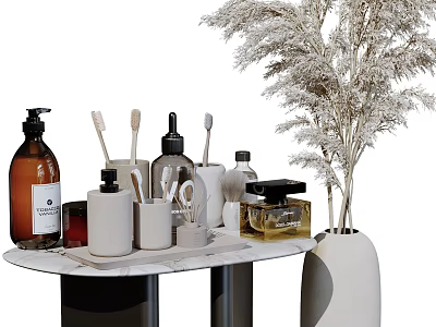 Stylish Bathroom Set with Toiletries Bottles Toothbrushes Cups Marble Countertop and Dried Pampas Grass Decor 3d model