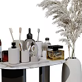 Stylish Bathroom Set with Toiletries Bottles Toothbrushes Cups Marble Countertop and Dried Pampas Grass Decor
