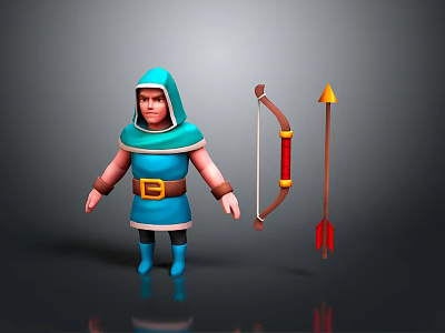 Man In Blue Hooded Cloak With Blue Boots Brown Belt Bow And Arrows 3d model