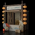 Traditional Chinese Photo Check-in Spot With Hanging Lanterns Wooden Frame Landscape Screen And Paper Fans