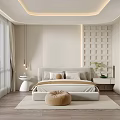 Modern Minimalist Bedroom With Neutral Tones Grid Pattern Wall And Floor to Ceiling Windows 3d model
