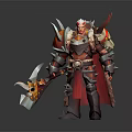Game Fantasy Warrior Character Wearing Red Silver Armor Holding Flame Axe with Spiked Shoulders