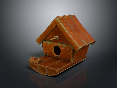 Wooden Birdhouse Structure With Sloped Roof Circular Entrance And Small Platform 3d model