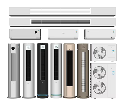 Various Types Of Air Conditioning Fans Including Wall Mounted Tower And Cabinet Models 3d model