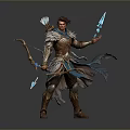 Man In Fantasy Warrior Outfit Holding Bow And Glowing Arrows With Cloak