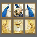 Elegant Six Panel Peacock Paintings with Floral Vases and Golden Frames