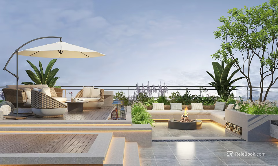 Rooftop Garden Design With White Umbrella Wicker Furniture Fire Pit And Green Plants 3d model 