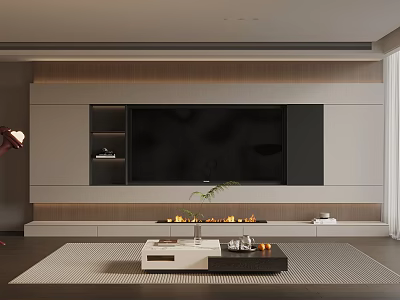 Modern Living Room Interior With TV Wall Fireplace Coffee Table And Area Rug 3d model