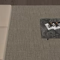 Modern Beige Sofa and Marble Coffee Table Set with Magazines Fruits Tray and Glass Cups