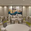 Elegant Modern Banquet Hall With Round Tables White Chair Covers And Decorative Painting