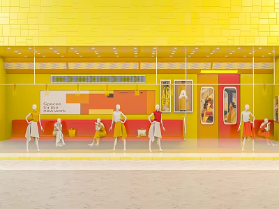 Bright Yellow Store Window Display with Mannequins in Fashionable Clothing Red Counter and Decorative Posters 3d model